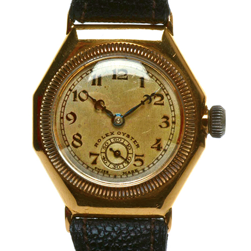 Erste serienmäßige wasserdichte Uhr „Oyster“ von Rolex, ab 1929 (Foto: Deutsches Uhrenmuseum, Furtwangen im Schwarzwald)